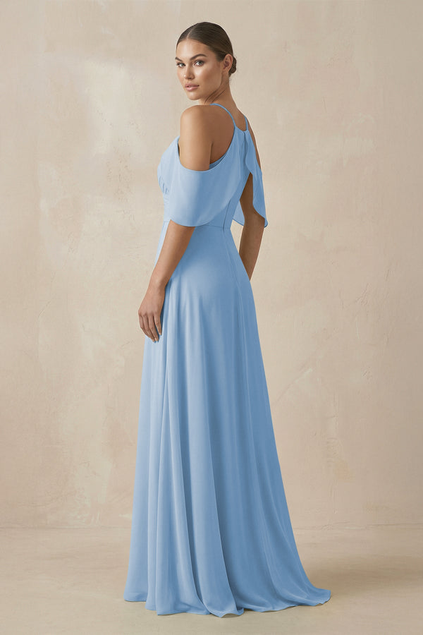 Steel Blue Chiffon A-Line Long Bridesmaid Dress (2) | KISSBRIDAL