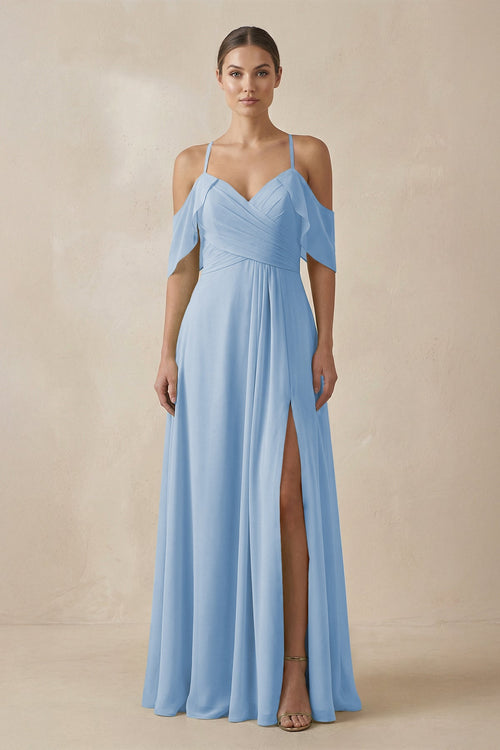 Steel Blue Chiffon A-Line Long Bridesmaid Dress | KISSBRIDAL