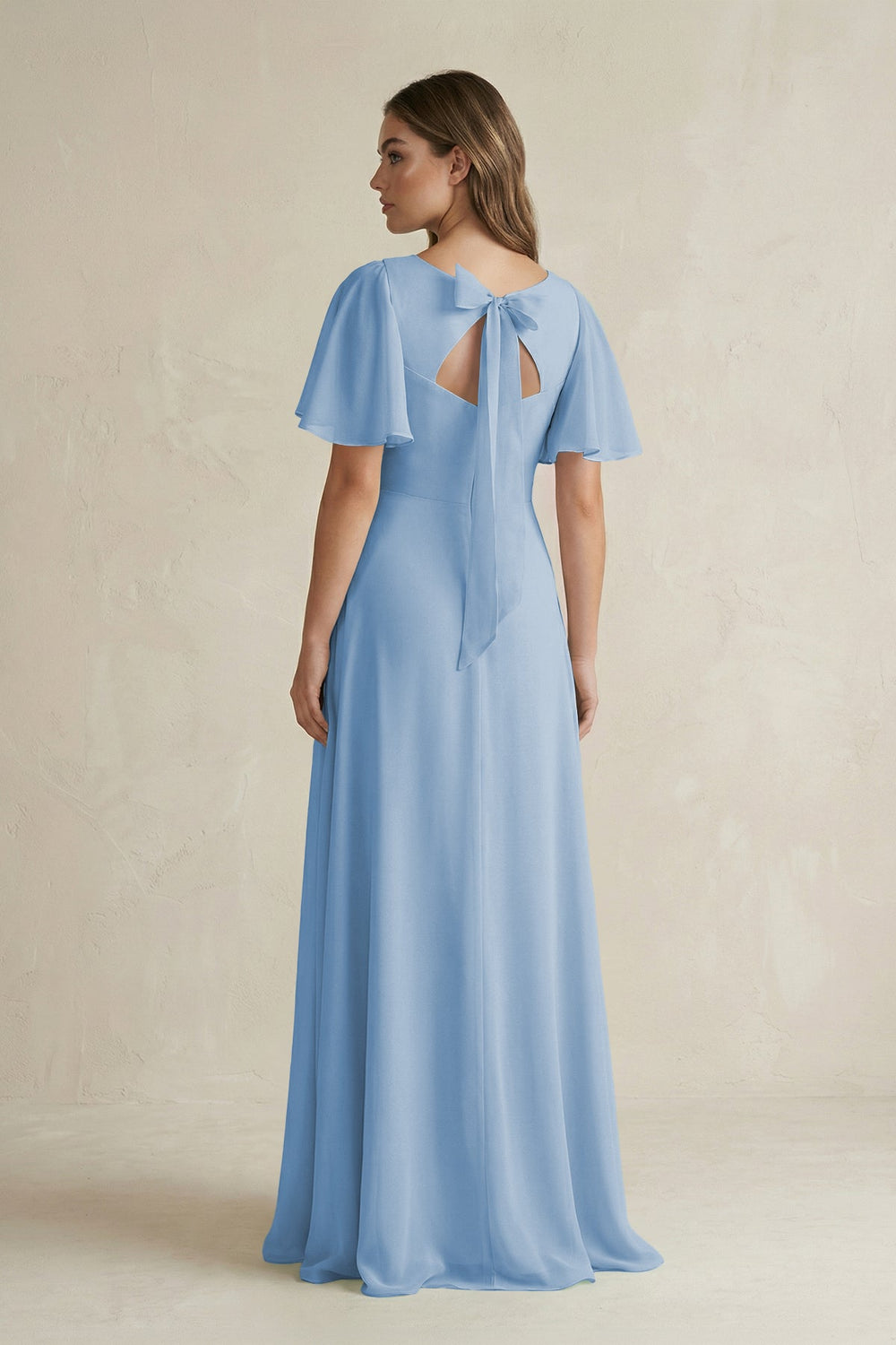 Flutter Sleeve V-Neck A-Line Chiffon Bridesmaid Dress in Steel Blue