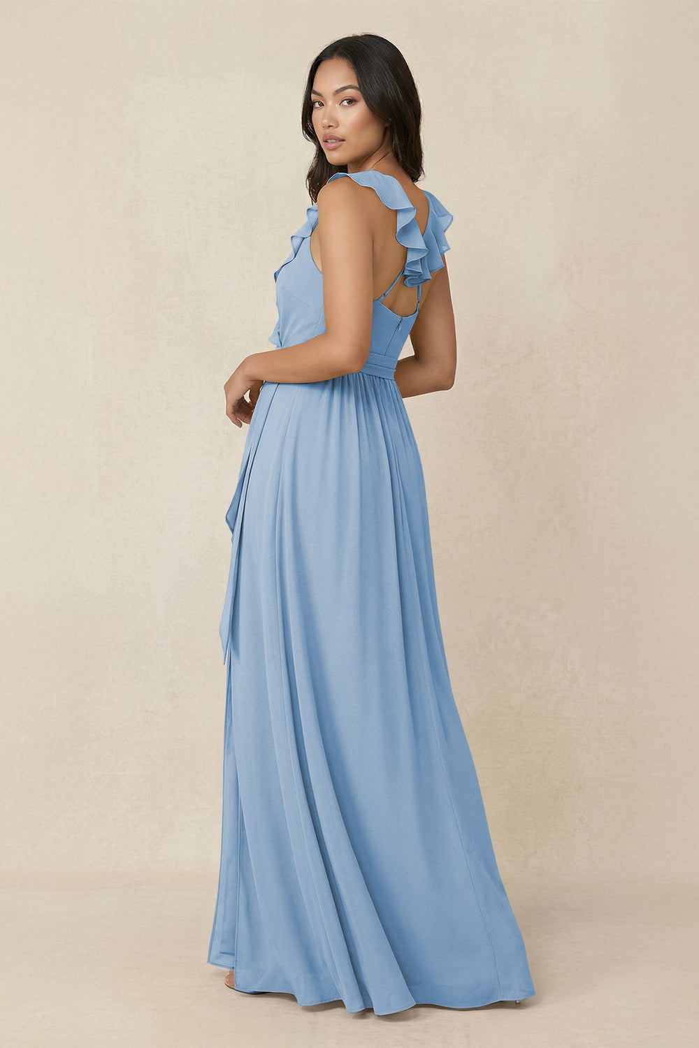 Ruffled V-Neck A-Line Chiffon Bridesmaid Dress in Steel Blue