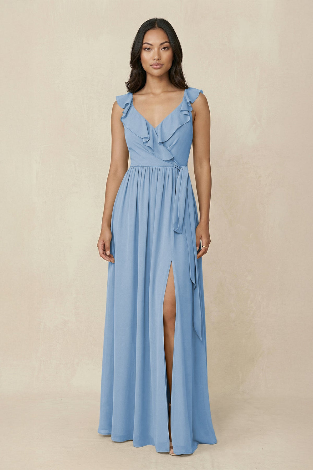 Ruffled V-Neck A-Line Chiffon Bridesmaid Dress in Steel Blue