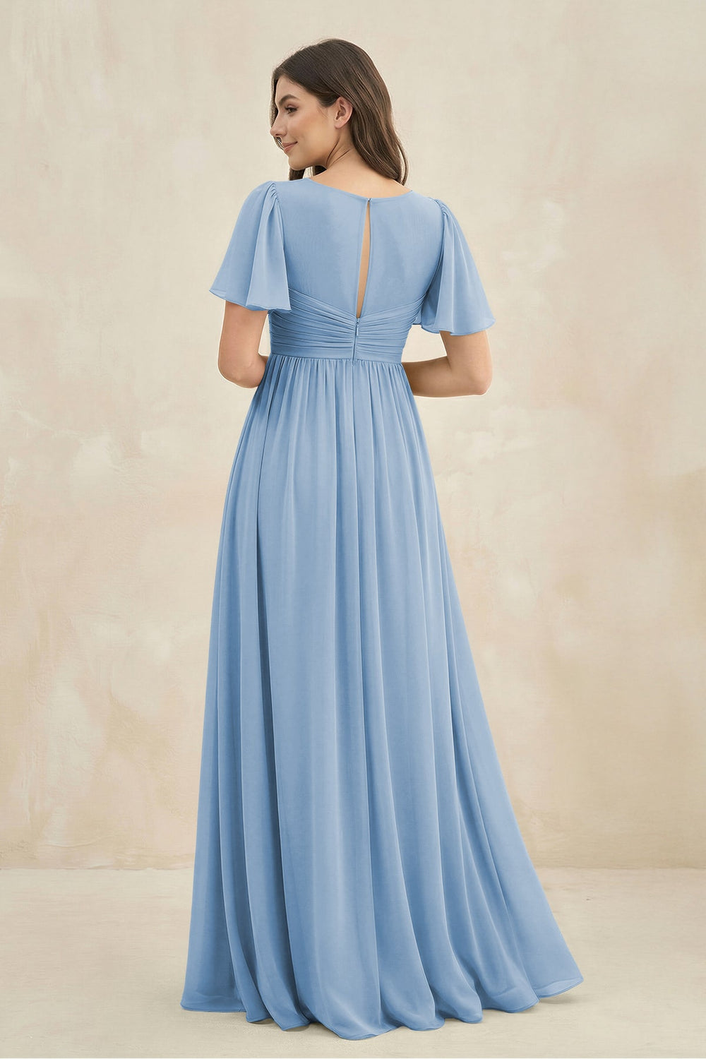 Short Sleeve Chiffon V-Neck A-Line Bridesmaid Dress in Steel Blue