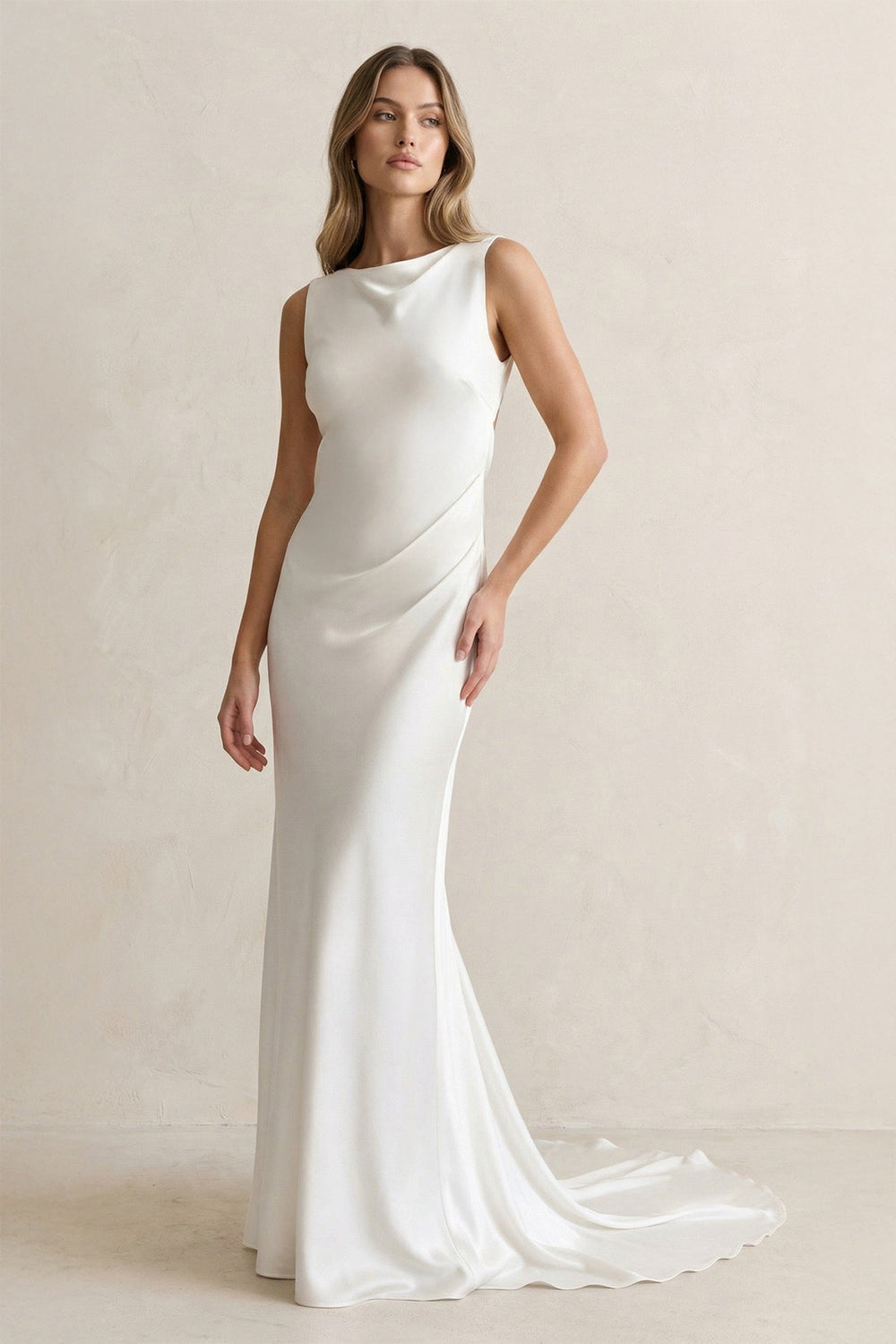 Bateau Neck Satin Mermaid Wedding Dress in White