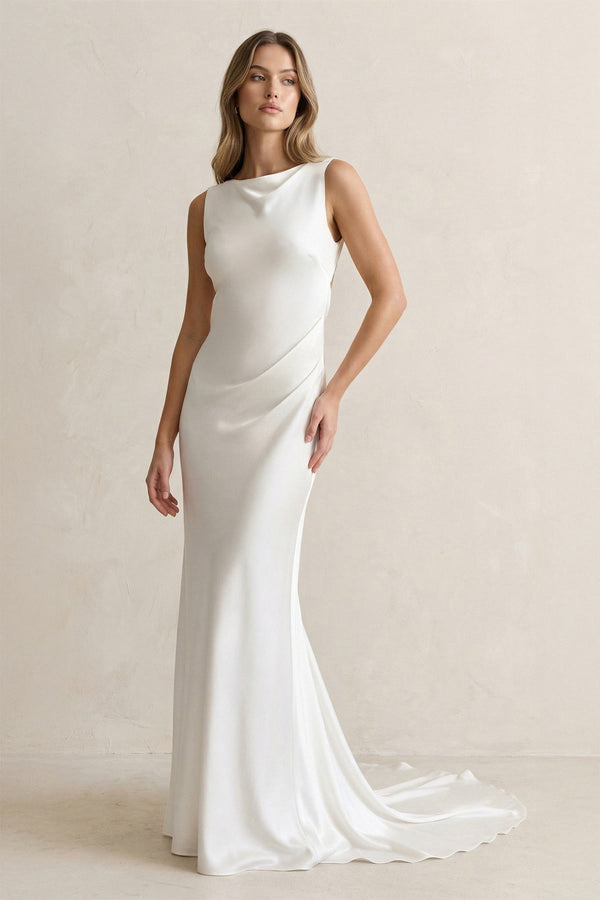 Straight Neck Satin Mermaid Wedding Dress in White - KISS BRIDAL Wedding Dresses