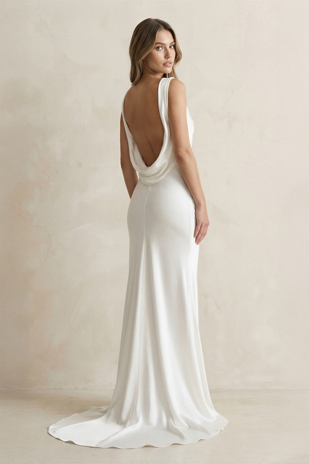 Bateau Neck Satin Mermaid Wedding Dress in White