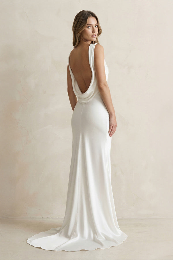Straight Neck Satin Mermaid Wedding Dress in White - KISS BRIDAL Wedding Dresses