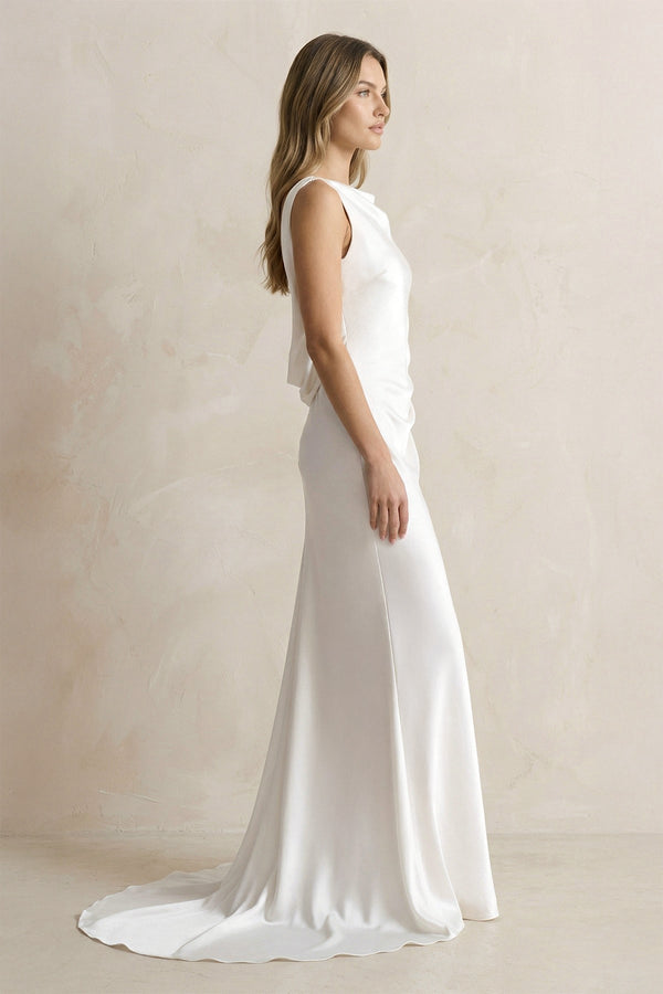 Straight Neck Satin Mermaid Wedding Dress in White - KISS BRIDAL Wedding Dresses