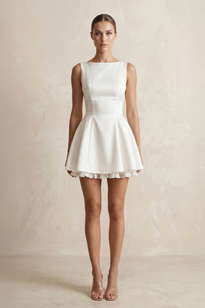 Straight Neck Satin Ruffled Mini Wedding Dress in White - KISS BRIDAL Wedding Dresses