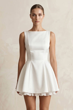 Straight Neck Satin Ruffled Mini Wedding Dress in White - KISS BRIDAL Wedding Dresses