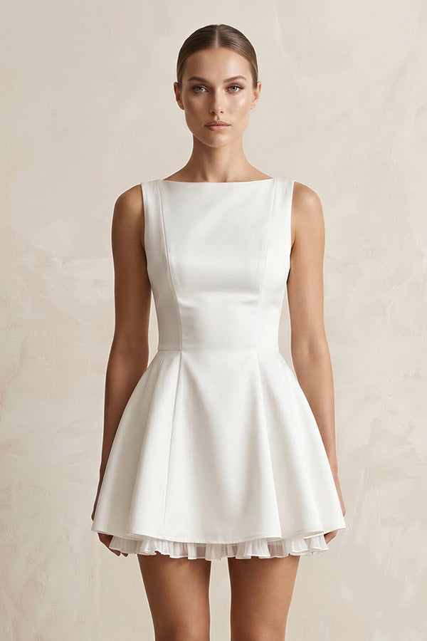 Straight Neck Satin Ruffled Mini Wedding Dress in White - KISS BRIDAL Wedding Dresses