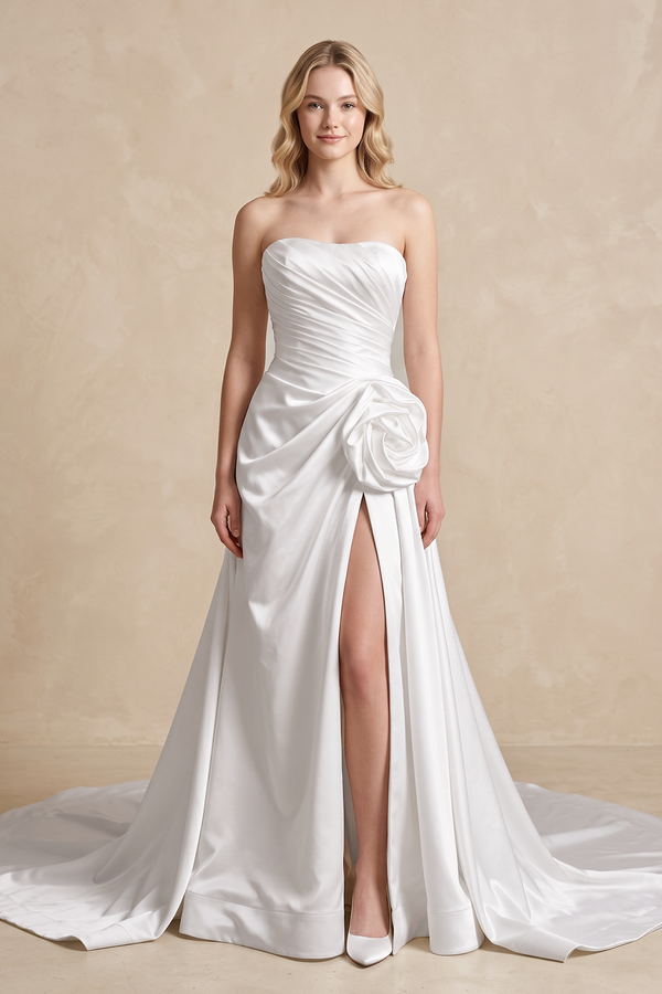 Strapless 3D - Flower Ruched 3D - Flower Wedding Dress With Slit - KISS BRIDAL Wedding Dresses