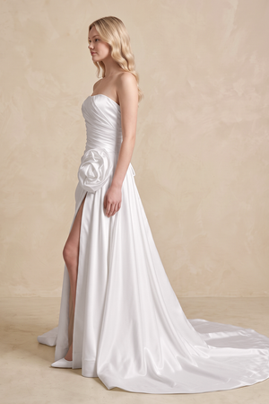 Strapless 3D - Flower Ruched 3D - Flower Wedding Dress With Slit - KISS BRIDAL Wedding Dresses