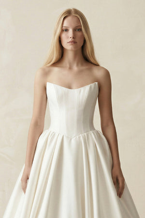 Strapless A - Line Ball Gown Satin Corset Wedding Dress in Ivory - KISS BRIDAL Wedding Dresses