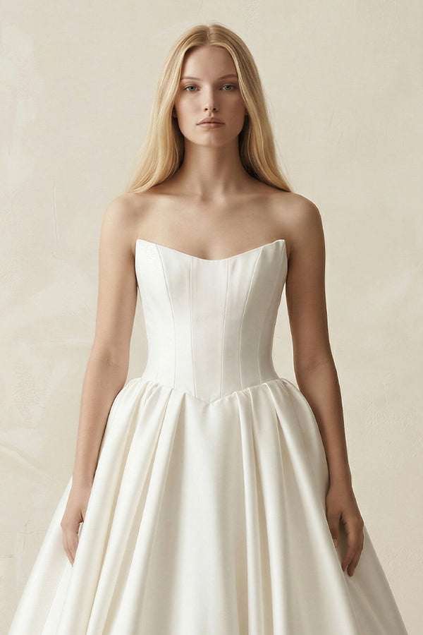 Strapless A - Line Ball Gown Satin Corset Wedding Dress in Ivory - KISS BRIDAL Wedding Dresses
