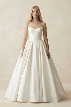 Strapless A - Line Ball Gown Satin Corset Wedding Dress in Ivory - KISS BRIDAL Wedding Dresses
