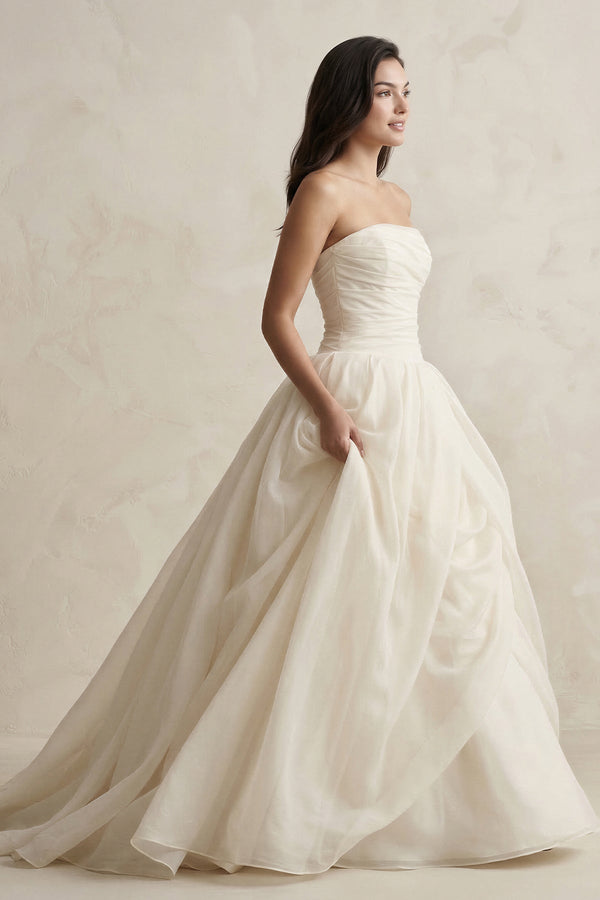 Strapless A - Line Ball - Gown Tulle Ruched Wedding Dress in Ivory - KISS BRIDAL Wedding Dresses