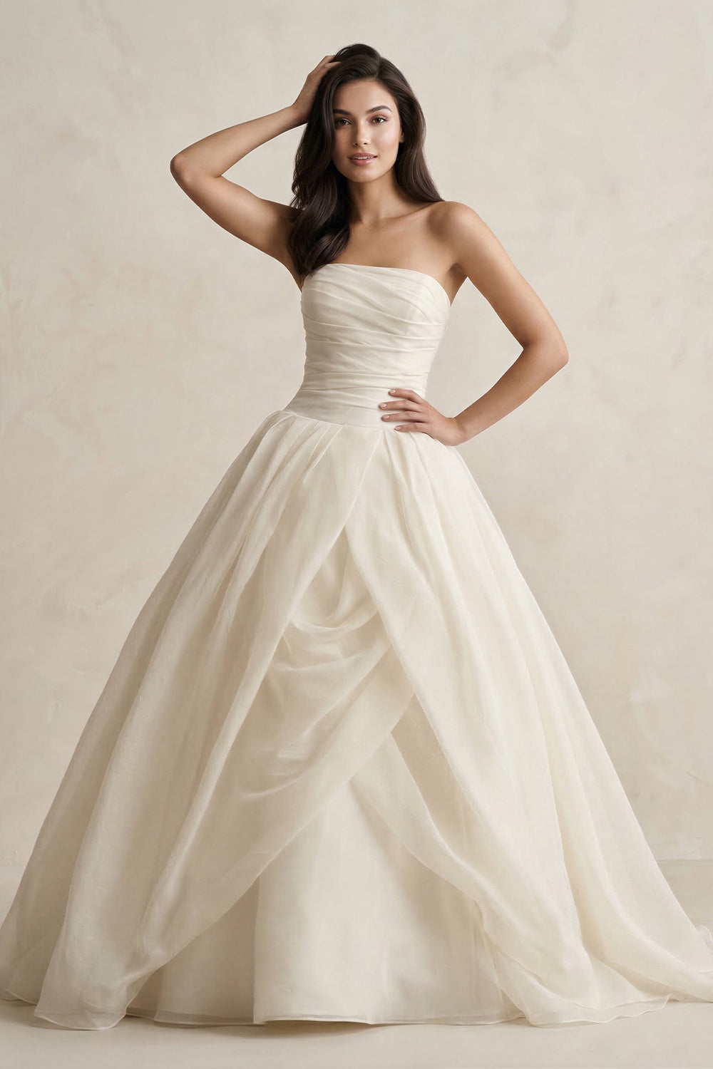 Strapless Ball-Gown Tulle Ruched Wedding Dress in Ivory