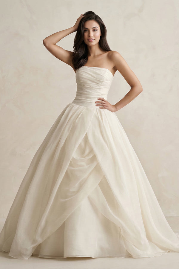 Strapless A - Line Ball - Gown Tulle Ruched Wedding Dress in Ivory - KISS BRIDAL Wedding Dresses
