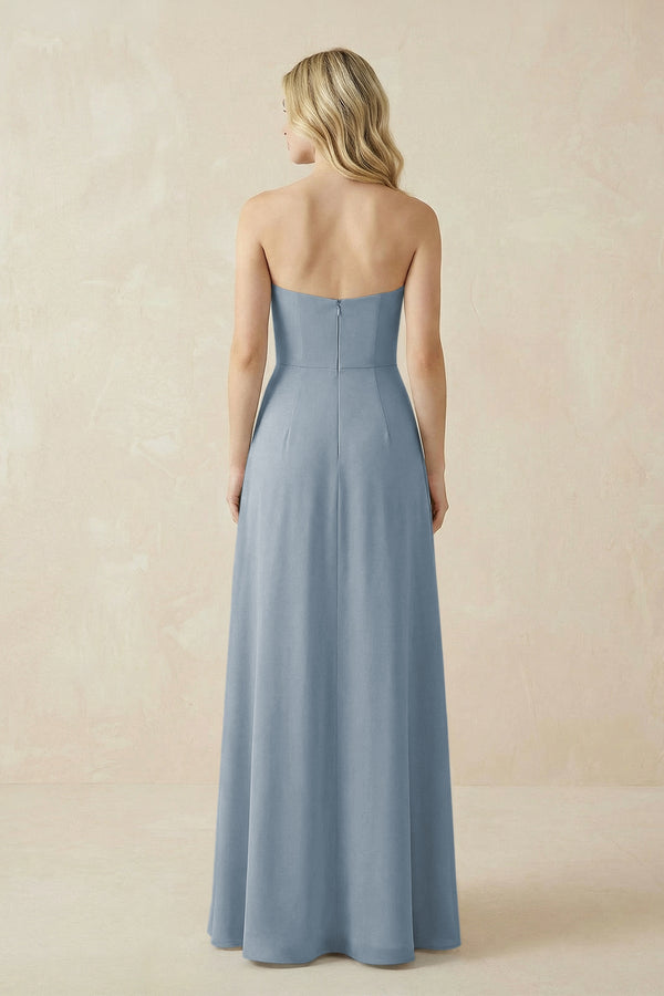 Strapless A-Line Chiffon Bridesmaid Dress With Slit in Dusty Blue (2) | KISSBRIDAL
