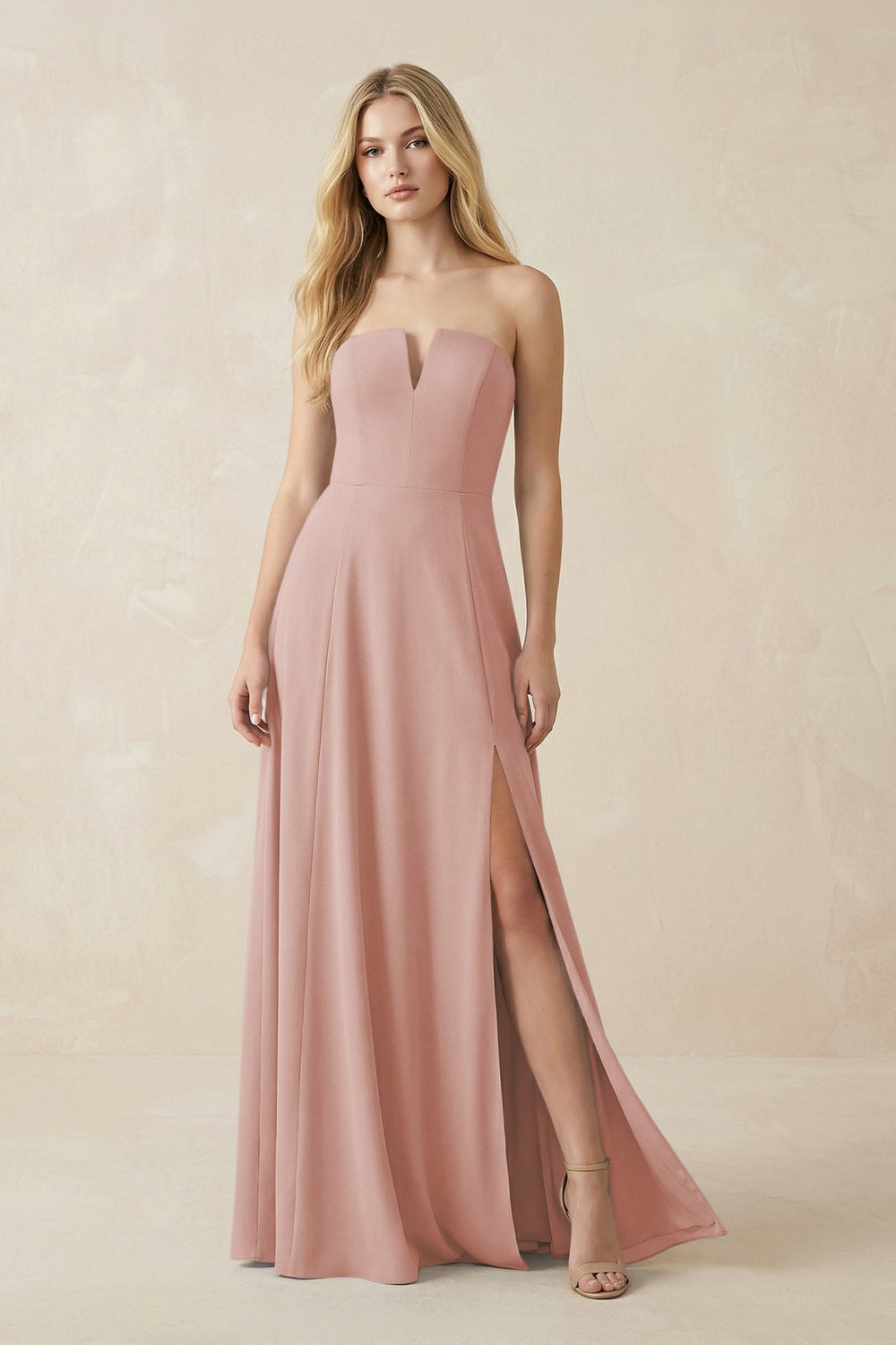 Strapless A-Line Chiffon Bridesmaid Dress With Slit in English Rose