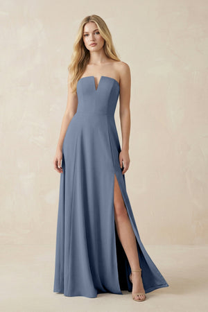 Strapless A - Line Chiffon Bridesmaid Dress With Slit in Neptune - KISS BRIDAL Bridesmaid Dresses