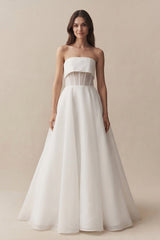 Strapless A - Line Chiffon Ruched Wedding Dress in White - KISS BRIDAL Wedding Dresses