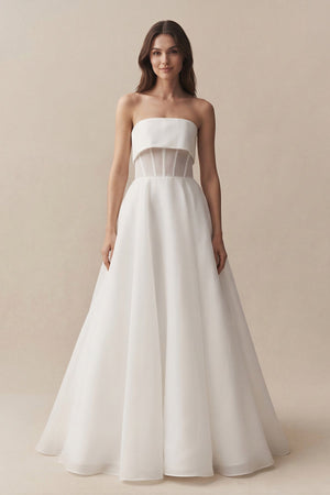 Strapless A - Line Chiffon Ruched Wedding Dress in White - KISS BRIDAL Wedding Dresses