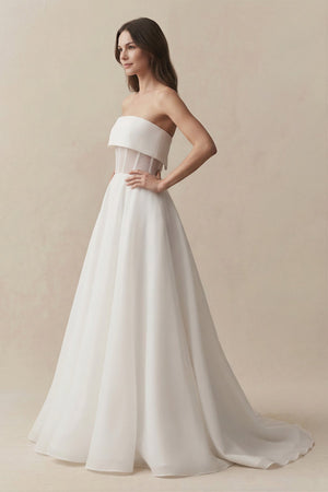 Strapless A - Line Chiffon Ruched Wedding Dress in White - KISS BRIDAL Wedding Dresses