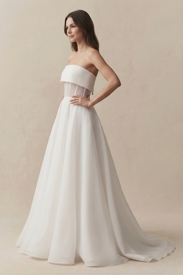 Strapless A - Line Chiffon Ruched Wedding Dress in White - KISS BRIDAL Wedding Dresses