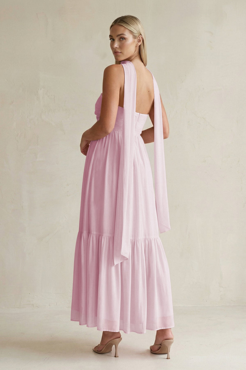Strapless A-Line Chiffon Ruffled Bridesmaid Dress With Ribbon in Candy Pink