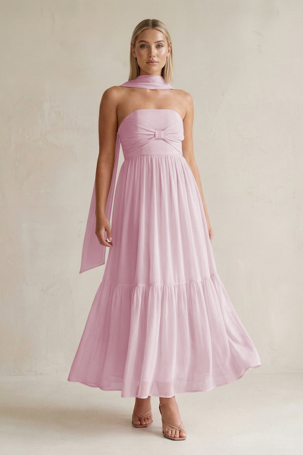 Strapless A-Line Chiffon Ruffled Bridesmaid Dress With Ribbon in Candy Pink