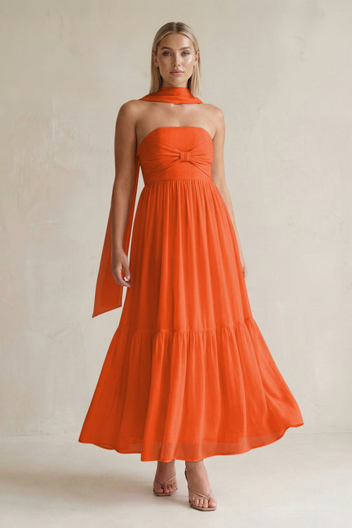 Strapless A-Line Chiffon Ruffled Bridesmaid Dress With Ribbon in Cinnamon | KISSBRIDAL