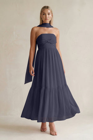 Strapless A - Line Chiffon Ruffled Bridesmaid Dress With Ribbon in Dusk Blue - KISS BRIDAL Bridesmaid Dresses