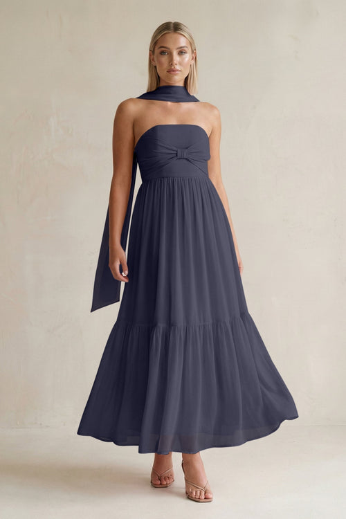 Strapless A - Line Chiffon Ruffled Bridesmaid Dress With Ribbon in Dusk Blue - KISS BRIDAL Bridesmaid Dresses