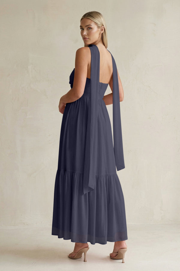 Strapless A - Line Chiffon Ruffled Bridesmaid Dress With Ribbon in Dusk Blue - KISS BRIDAL Bridesmaid Dresses