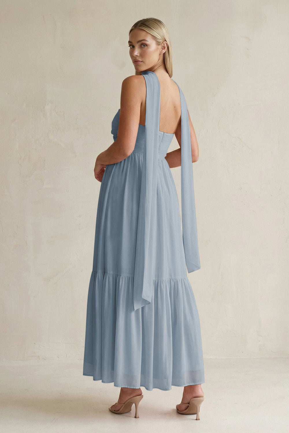 Strapless A-Line Chiffon Ruffled Bridesmaid Dress With Ribbon in Dusty Blue