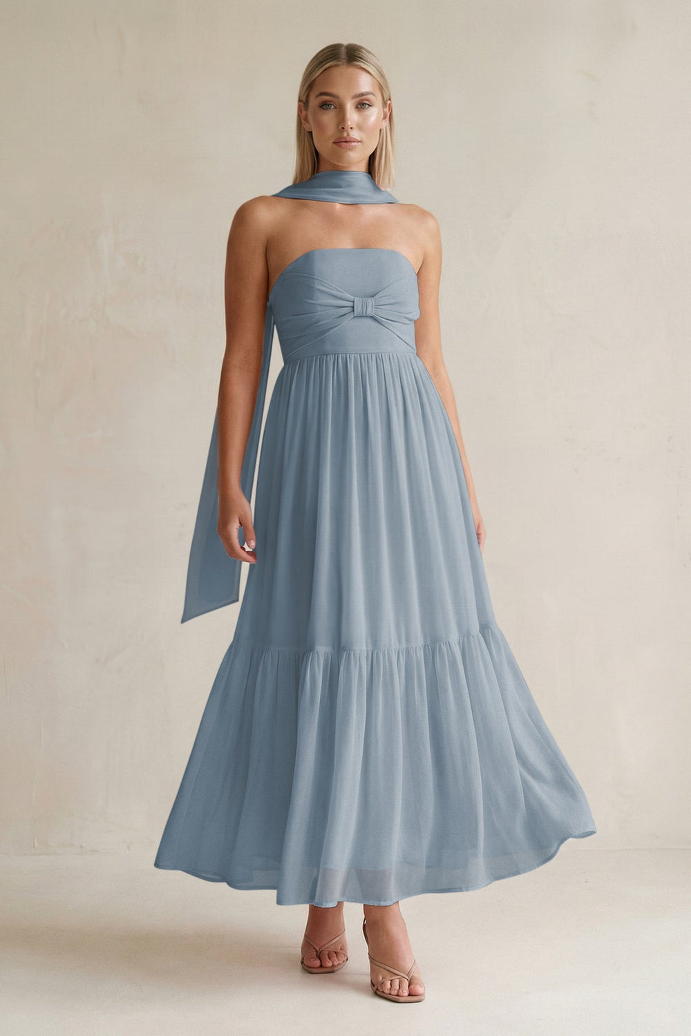 Strapless A-Line Chiffon Ruffled Bridesmaid Dress With Ribbon in Dusty Blue