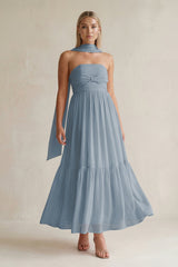 Strapless A - Line Chiffon Ruffled Bridesmaid Dress With Ribbon in Dusty Blue - KISS BRIDAL Bridesmaid Dresses