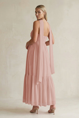 Strapless A-Line Chiffon Ruffled Bridesmaid Dress With Ribbon in English Rose (2) | KISSBRIDAL