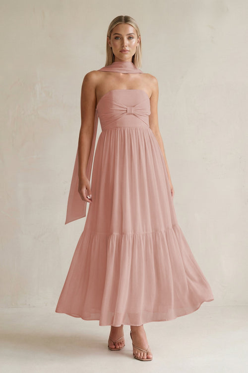 Strapless A-Line Chiffon Ruffled Bridesmaid Dress With Ribbon in English Rose | KISSBRIDAL
