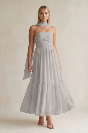 Strapless A - Line Chiffon Ruffled Bridesmaid Dress With Ribbon in Silver - KISS BRIDAL Bridesmaid Dresses