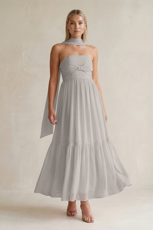 Strapless A - Line Chiffon Ruffled Bridesmaid Dress With Ribbon in Silver - KISS BRIDAL Bridesmaid Dresses