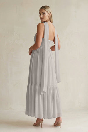 Strapless A - Line Chiffon Ruffled Bridesmaid Dress With Ribbon in Silver - KISS BRIDAL Bridesmaid Dresses