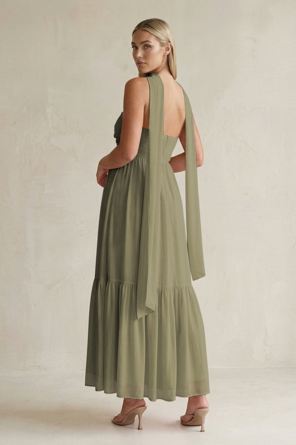 Strapless A-Line Chiffon Ruffled Bridesmaid Dress With Ribbon in Thyme (2) | KISSBRIDAL