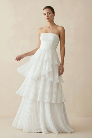 Strapless A Line Chiffon Wedding Dress in White - KISS BRIDAL Wedding Dresses