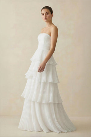 Strapless A Line Chiffon Wedding Dress in White - KISS BRIDAL Wedding Dresses