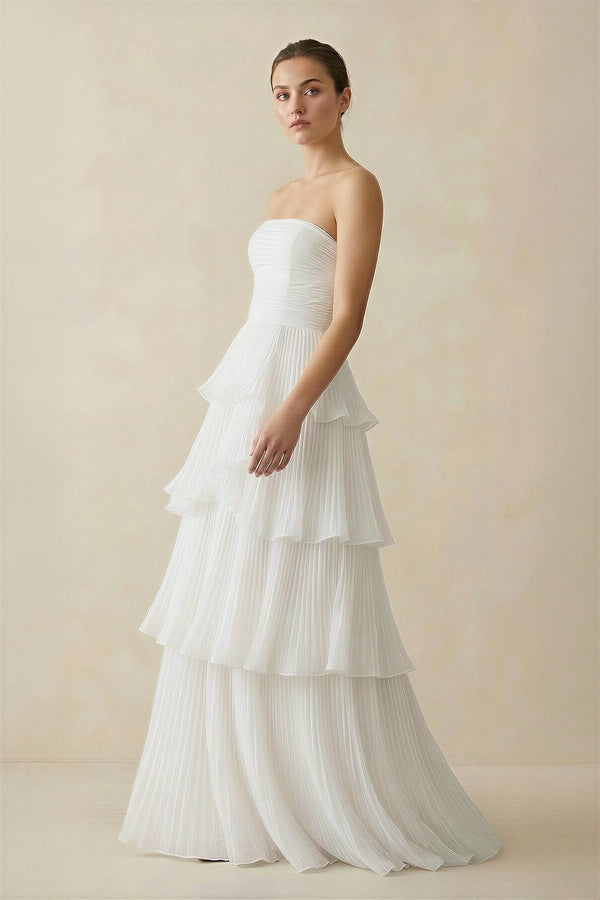 Strapless A Line Chiffon Wedding Dress in White - KISS BRIDAL Wedding Dresses