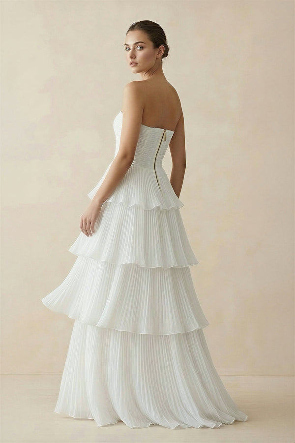 Strapless A Line Chiffon Wedding Dress in White - KISS BRIDAL Wedding Dresses