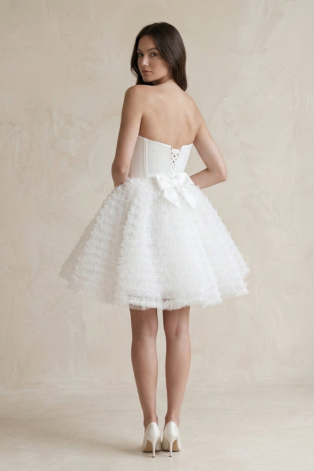 Strapless A-Line Corset Ruffled Tulle Wedding Dress in White