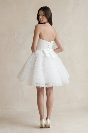 Strapless A - Line Corset Ruffled Tulle Wedding Dress in White - KISS BRIDAL Wedding Dresses